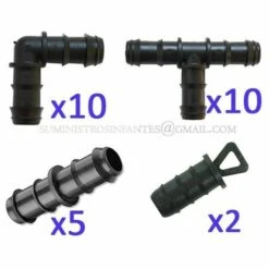 SUINGA Pack Irrigation Goutte à Goutte 16mm : 10 Tés + 10 Coudes + 5 Maillons + 2 Bouchons. Couleur Noire