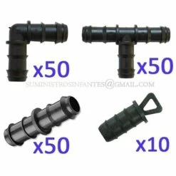 SUINGA Pack Irrigation Goutte à Goutte 16mm : 50 Thé + 50 Coude +50 Lien + 10 Bouchon. Couleur Noire