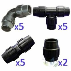SUINGA TUYAU D'IRRIGATION 20MM Pack: 5 Tee + 5 Coude + 5 Maillon + 2 Cap. Raccord En Polyéthylène Noir Pour Tuyaux Agricoles Et Alime