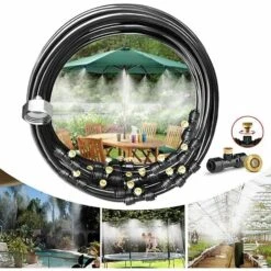 ALMI Système De Brumisateur Extérieur Pré-Assemblé Ligne De Brumisation 18M + 21 Buses D'irrigation Laiton+Un Raccord Laiton(3/4") Système Refroidissement Pour Jardin Trampoline Serre Terrasse (18M, Noir)