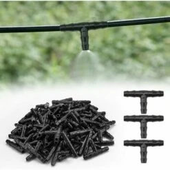 MONLY 100 PCS Tee Connecteurs De Tuyaux En Plastique Irrigation De Pelouse 4/7mm Raccord D'Irrigation Goutte à Goutte Raccord T De Tuyau D'eau Kit D'Arrosage Pour Système D'Irrigation Jardin (Noir)