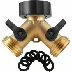 AOUGO Solid Brass Body Backyard 2-Way Y-Valve Garden Hose Connector Diverter Adapter + 6 Rubber Hose Gaskets With Comfort Grip For Use