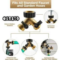 AOUGO Solid Brass Body Backyard 2-Way Y-Valve Garden Hose Connector Diverter Adapter + 6 Rubber Hose Gaskets With Comfort Grip For Use -Promos Arrosage automatique Magasin 65392442 3